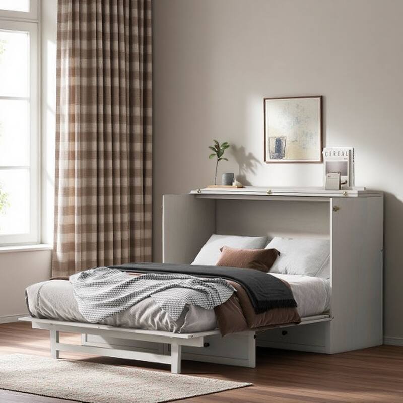 Queen Size Solid Wood Murphy Bed with Storage Drawers, USB Ports, and Space-Saving Design - White