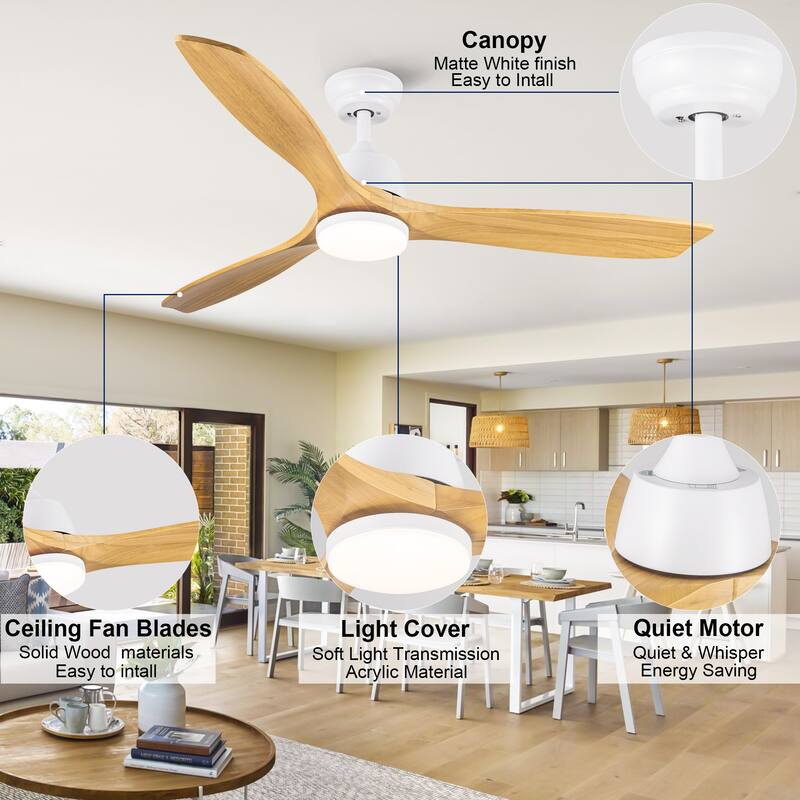 YUHAO SylvanAir Modern 52 in. Flush Mount Outdoor/Indoor Ceiling Fan with 3 Solid Wood Blades and DC Reversible Motor