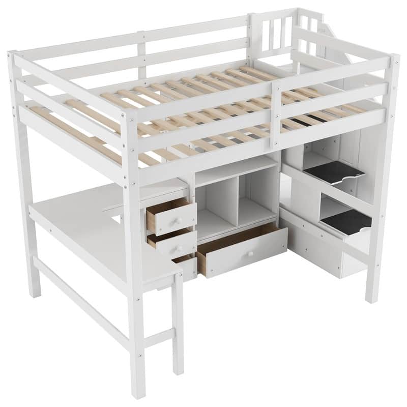 Full Size Wood Loft Bed with L-Shaped Desk and Drawers, Cabinet and Storage Staircase