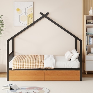 Full Size House-shaped Design Bed with Two Storage Drawers, Metal Platform Bed with Support Legs for Bedroom, Black