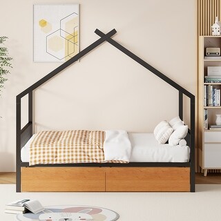 Full Size Metal Frame House Platform Bed with Two Storage Drawers and Adorable House Design