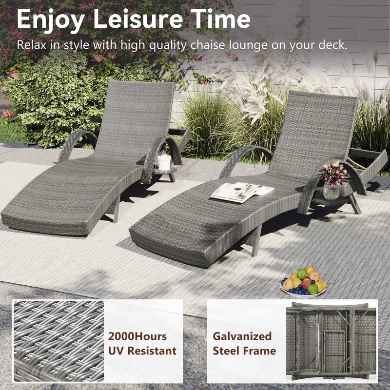 2-piece Outdoor Wicker Chaise Lounge Chairs Set with Pull-out Side Table, Patio Pool Adjustable Reclining Sun Lounger - Grey