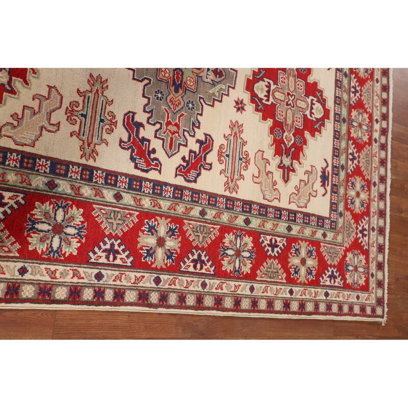 Kazak Oriental Area Rug Hand-Knotted Beige Geometric Wool Carpet - 5'1" x 6'7"