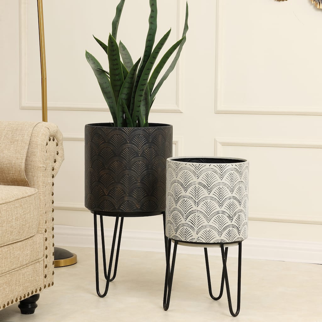Fanned Black and Off White Metal Cachepot Planters with Black Metal Stand (Set of 2)