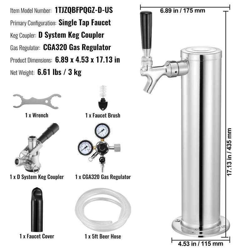 Kegerator Tower Kit, Beer Conversion Kit, Stainless Steel Keg Beer Tower Dispenser with Dual Gauge CGA320 Regulator