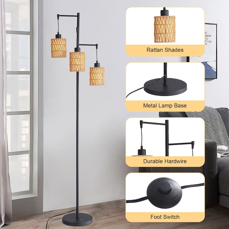 Sofucor 3-Lights Boho Rattan Floor Lights,Black Farmhouse Standing Lamp Wicker Rustic Tall Lamp,Rattan Woven LampShade Bohemian