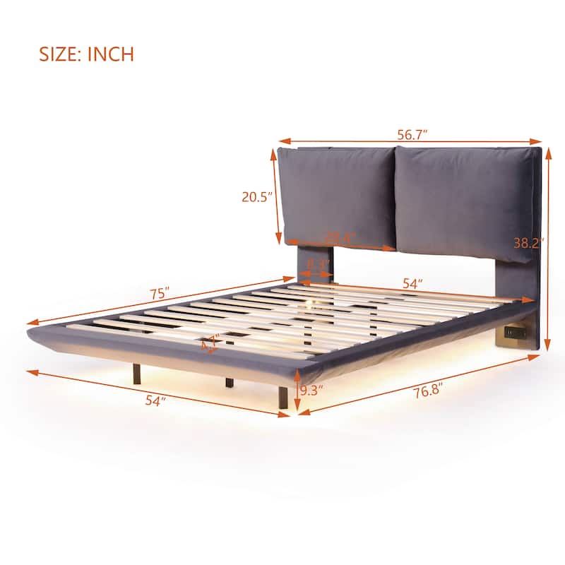 Full Size Upholstered Platform Bed with Motion Sensor Lights, USB Ports, and Floating Design, Perfect for Modern Bedrooms