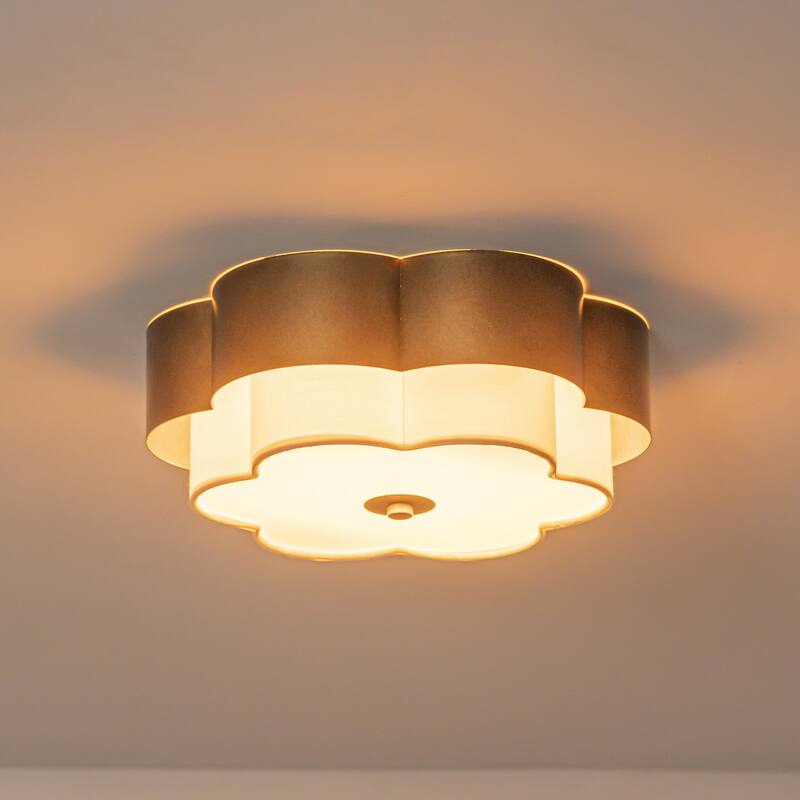 13.8" W Mid-Century Modern Tiered Flower/Circluar Drum Ceiling Light in Distressed Stain Gold with White Fabric Shade
