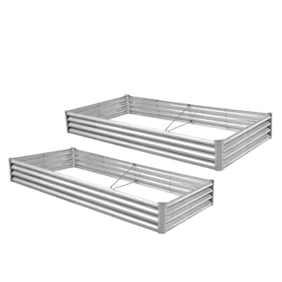 Silver Galvanized Steel Raised Garden Bed Set of 2 with Open-Bottom Design - 96” L x 48” W x 12” H