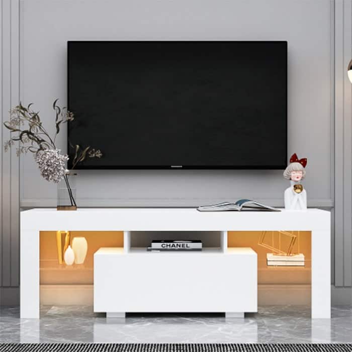 White TV Stand MDF Large TV Base with LED Light TV Cabinet