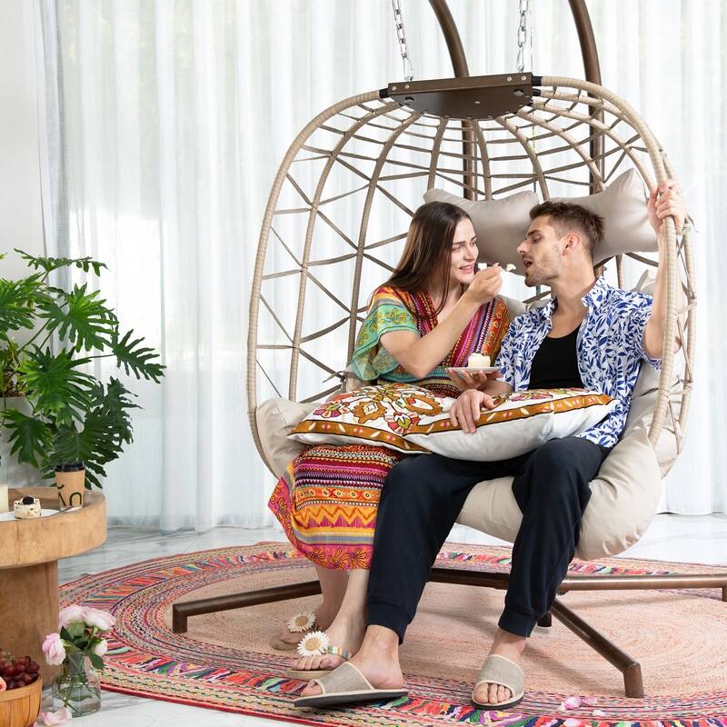 Oversized Outdoor Double Egg Hanging Chair with Cushions, 700 lbs Capacity Swing Chair for Indoor or Patio
