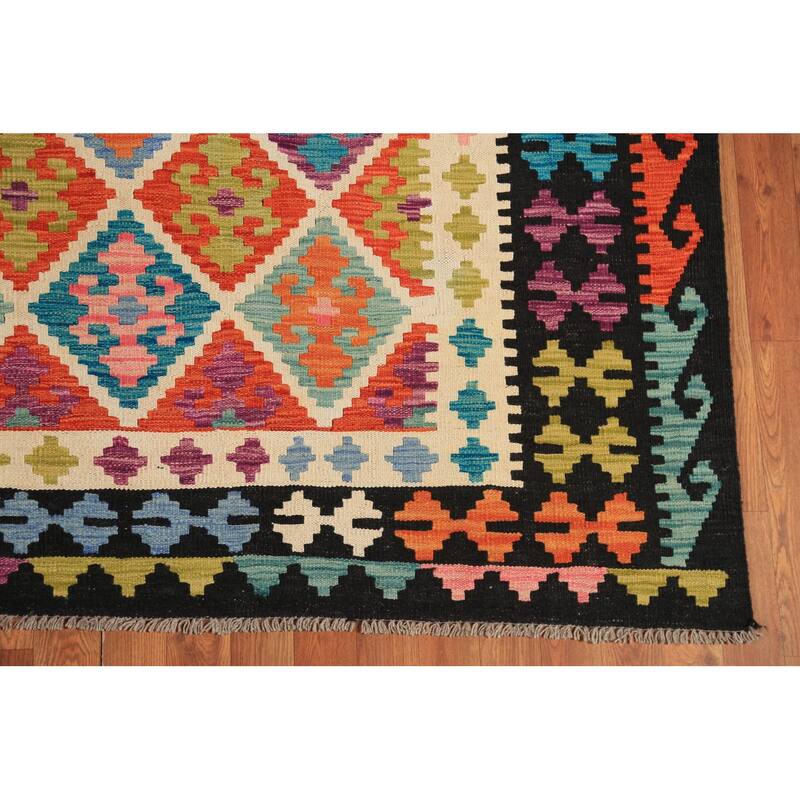 Colorful Trellis Kilim Area Rug Hand-Woven Wool Carpet - 8'3" x 11'8"