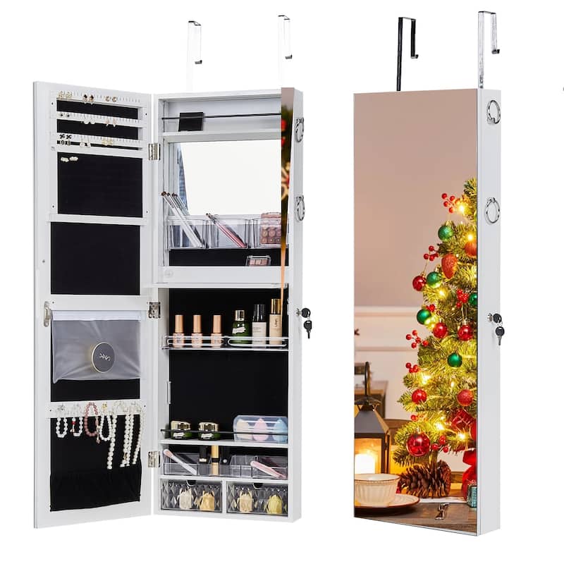 Javlergo Hanging Mirrored Jewelry Cabinet Wall/Door Mounted Lockable Armoire Organizer - White