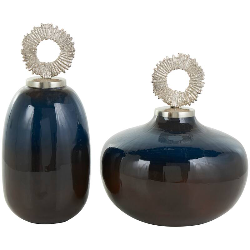 White or Blue Metal Decorative Jars with Ring Handles (Set of 2)
