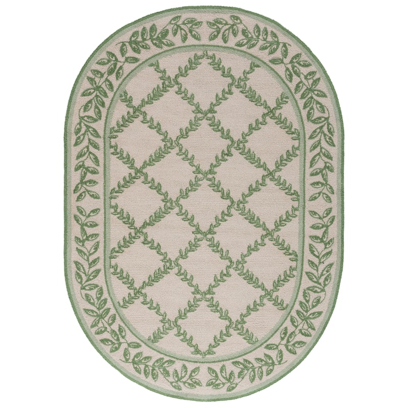 SAFAVIEH Handmade Chelsea Kimber Trellis French Country Wool Rug - 4'6" x 6'6" Oval - Ivory/Light Green - Oval