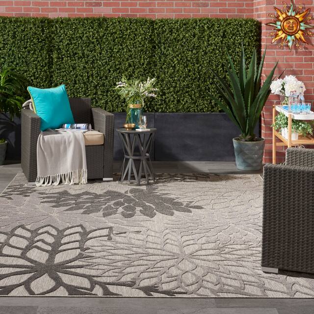 Nourison Aloha Floral Modern Indoor/Outdoor Area Rug - 9'6" x 13' - Silver Grey
