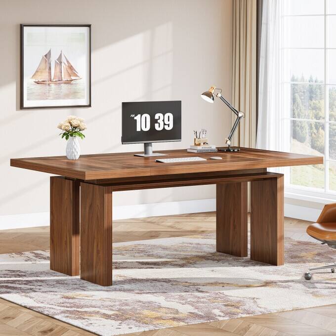 63-Inch Office Computer Desk, Mid-Century Modern Wooden Executive Desk - Walnut
