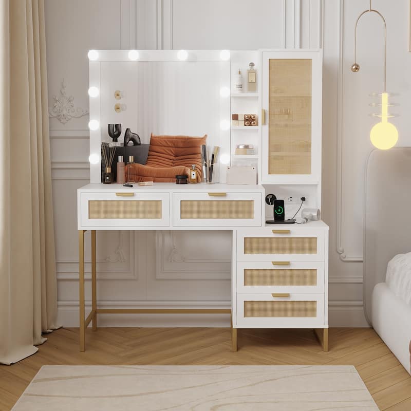 Vanity Mirror with Lights and Table, Rattan