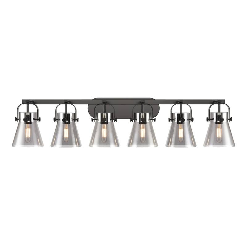 Innovations Lighting Pilaster II Cone - 6 Light 46" Wall-Mounted Bath Vanity Light. - Matte Black/Light Smoke