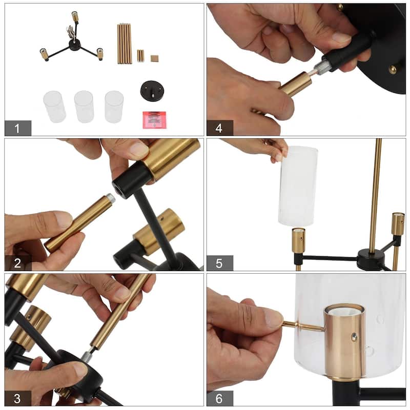 Alva Modern Farmhouse 3-Light Black Gold Chandelier Glass Pendant Light for Dining Room