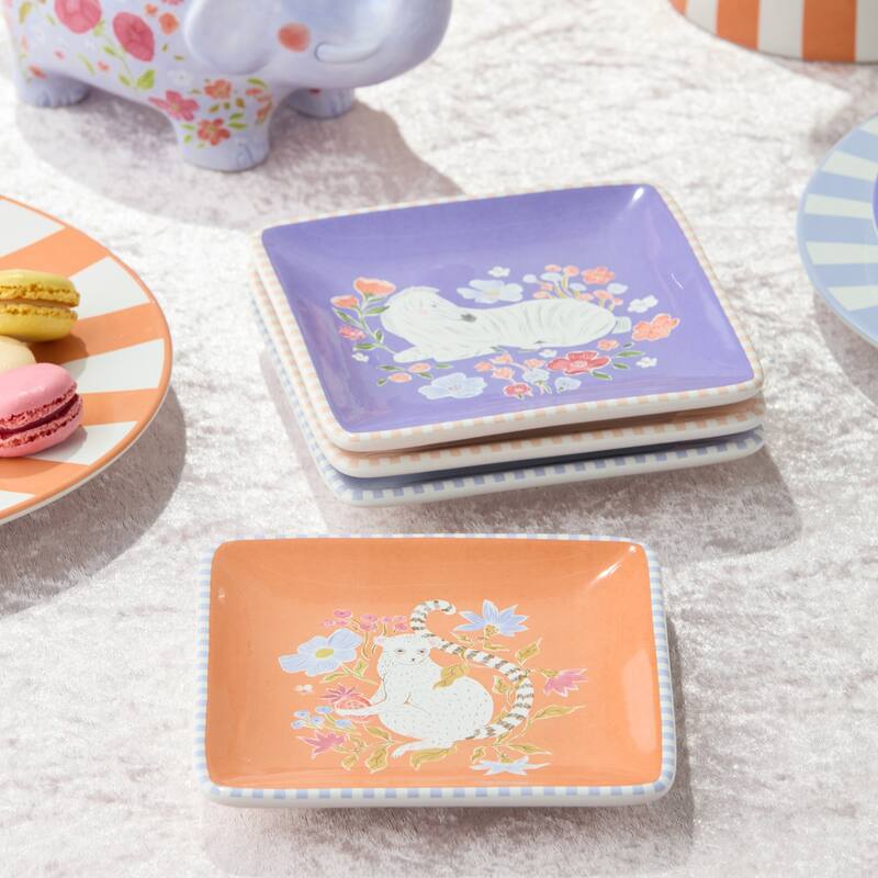 Certified International Menagerie 6" Canape/Luncheon Plates, Set of 4 Assorted Designs - 6.00"L x 6.00"W x 0.75"H
