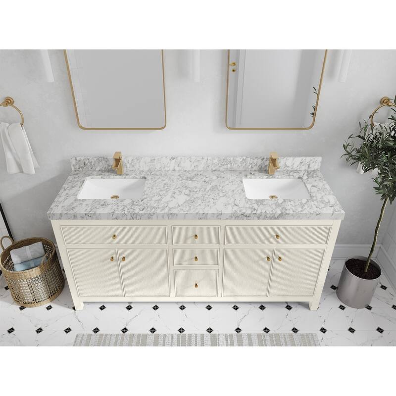 Willow Collections 72 in W x 22 in D Sonoma Free Standing Reeded Double Sink Bathroom Vanity with Countertop - 2”Carrara Marble - Ivory