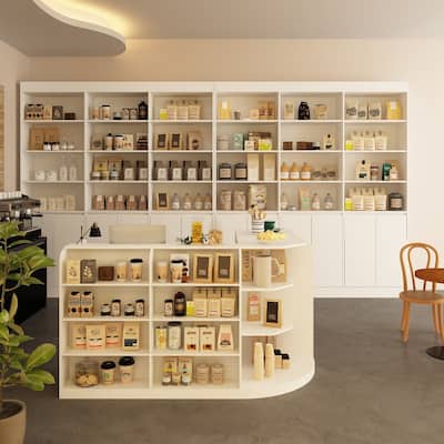 70.9" White Curved Front Desk with Shelving and Storage Reception Desk