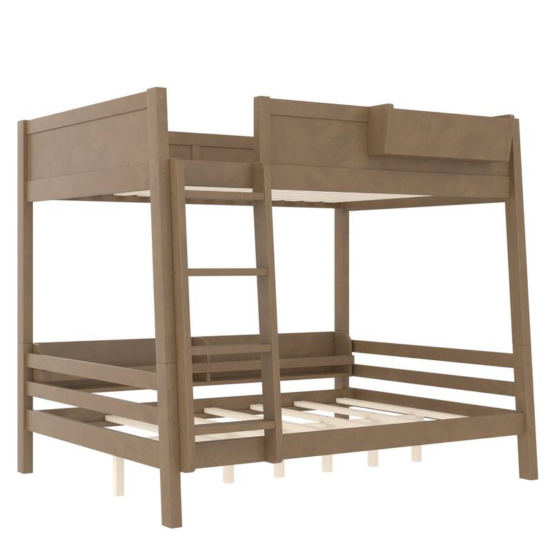 Full Bunk Bed With Storage Shelf and Bookshelf,Wood Bunk Bed with Ladder and Guardrails,Detachable Design