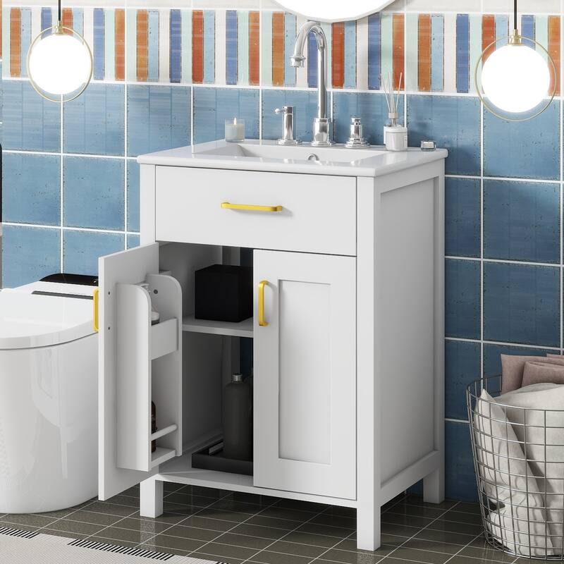 Bathroom Vanity Compact Freestanding Adjustable Cabinet with Door Storage Racks, Flip Down Drawer and Golden Handles