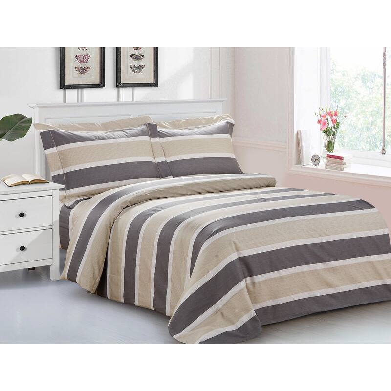 Violet Linen French Exquisite Golden Stripe Pattern, 200 Thread Count Cotton Percale, Gold, 6 Piece, Bedding Duvet Cover Set - Full