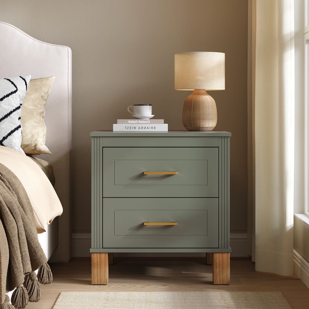 GDFStudio Xavrion Wooden Nightstand with Solid Wood Legs and Two Drawer Storage