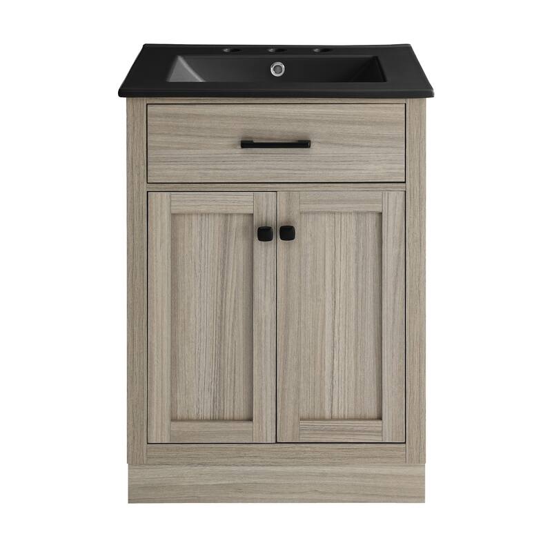 Burdon 24 In. Brown Oak Bathroom Vanity With Black, 3-Hole Ceramic Sink Top