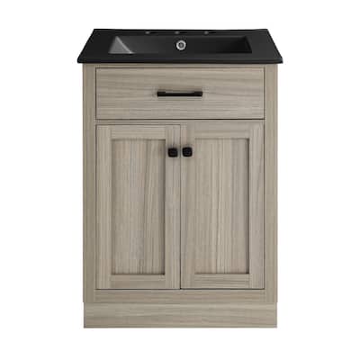 Burdon 24 In. Brown Oak Bathroom Vanity With Black, 3-Hole Ceramic Sink Top
