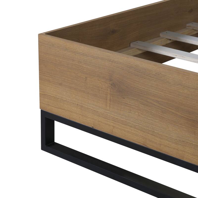 Solid Wood Rustic Platform Bed with Headboard, Wooden and Metal Bed Frame, Wood Slats Support, No Box Spring Needed