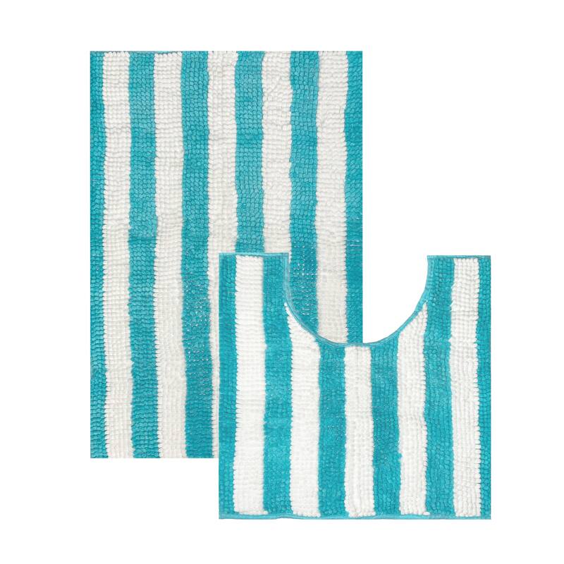 2 Piece Set Light Blue Stripe Soft Cozy Plush Chenille Bath Mat Bathroom Rug