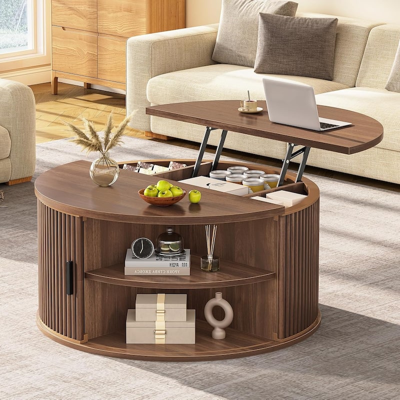 Round Lift Top Coffee Table 180 Grad Curved Sliding Door Living Room