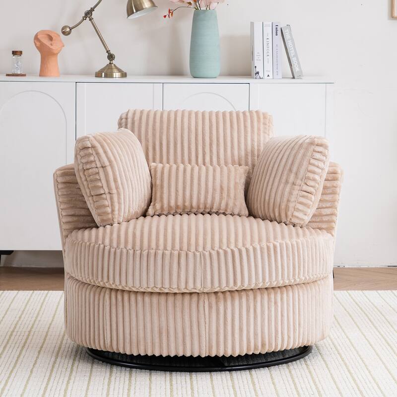 360 Degree Rotation Swivel Chair Corduroy Barrel Chair for Living Room with Pillows - Beige