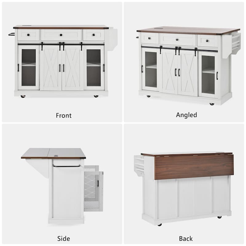 Farmhouse 58" Kitchen Island with Drop Leaf, Rolling Kitchen Island on 5 Wheels with Sliding Barn Door and Adjustable Shelves