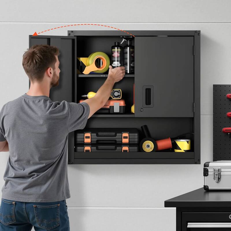 30 Inch Matte Black Metal Wall Storage Cabinet with Adjustable Shelves and Lockable Doors - 30” x 12.01” x 30”