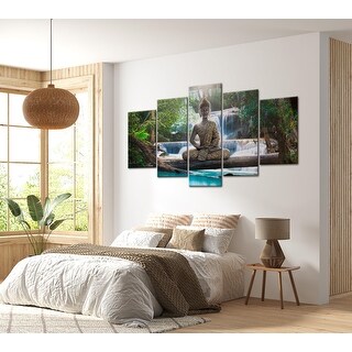 Spiritual Canvas Wall Art - Buddha At Waterfall - 5 Pieces - Multi ...