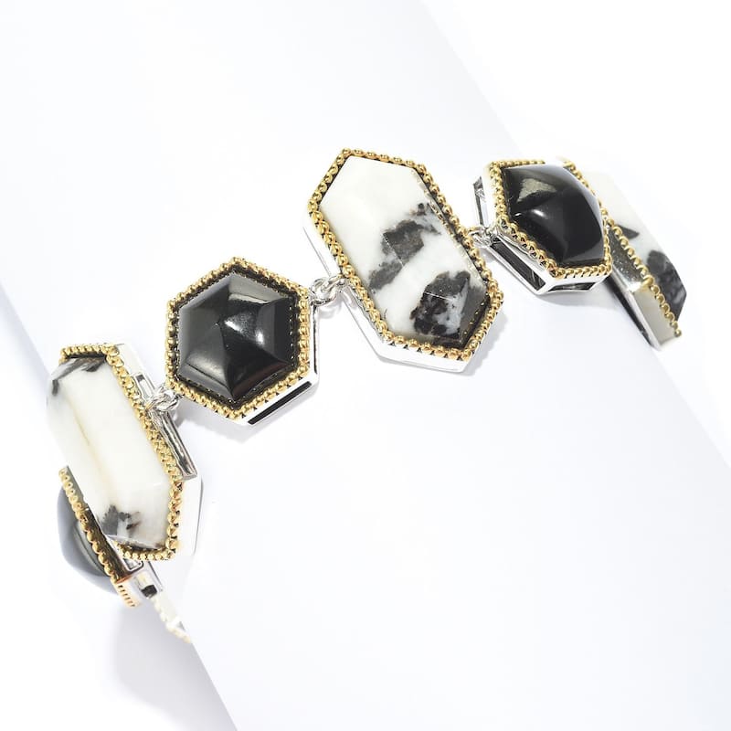 925 Sterling Silver White Buffalo and Black Agate Bracelet