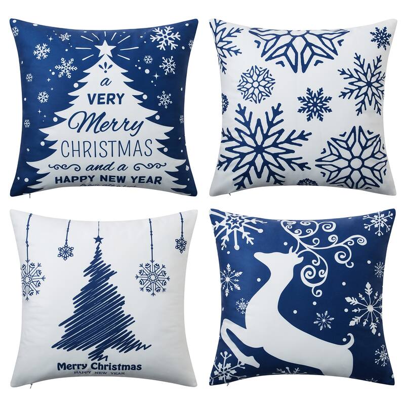 18x18 Inch 4 Pieces Christmas Pillow Covers, Cushion Covers for Sofa Couch, Blue