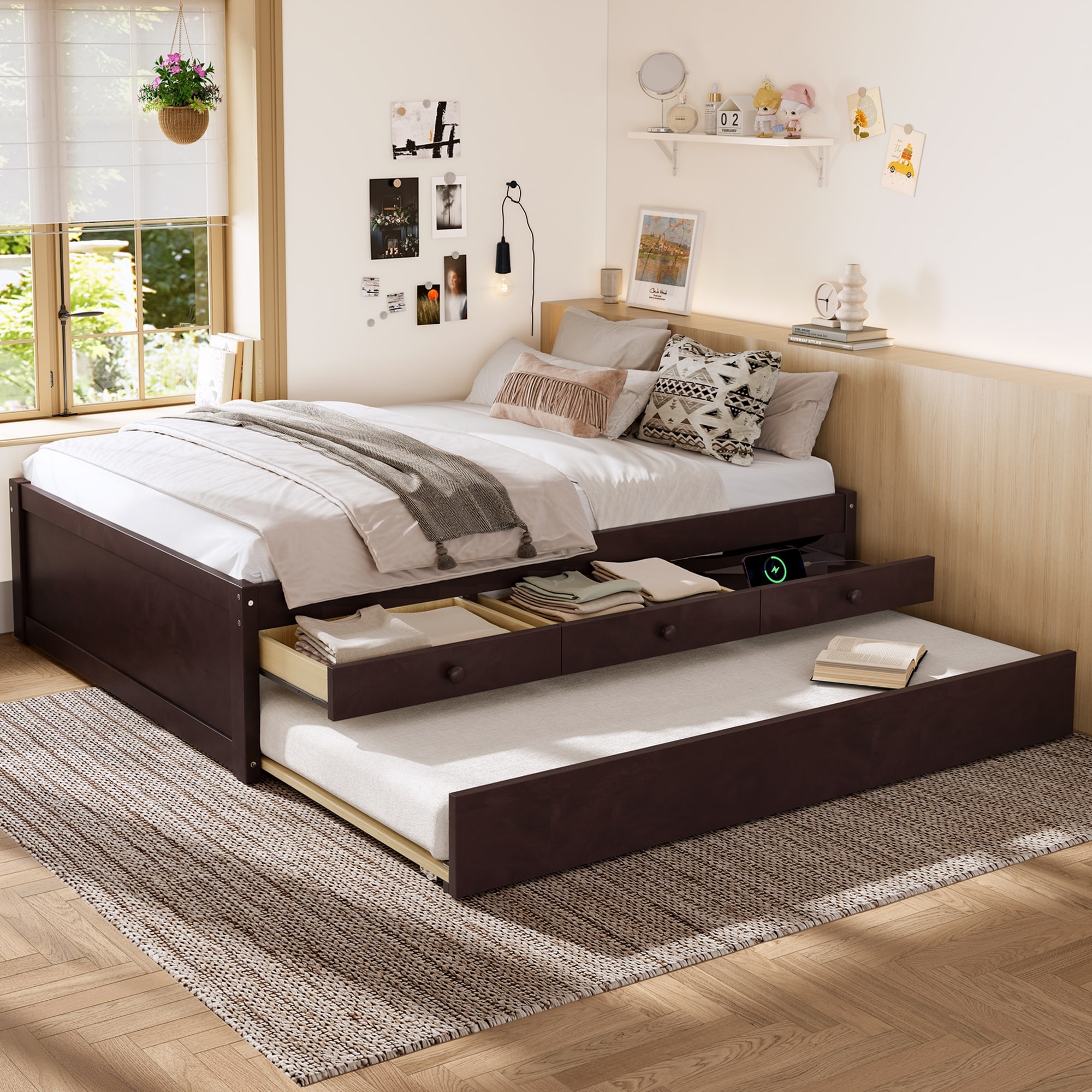 Solid Wood Platform Bed with Power Outlet 2 Drawers and Trundle