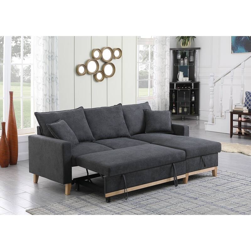 Colton 84.25-inch Dark Gray Woven Reversible Sleeper Sectional Sofa with Storage Chaise - 84.25"W x 57"D x 35"H