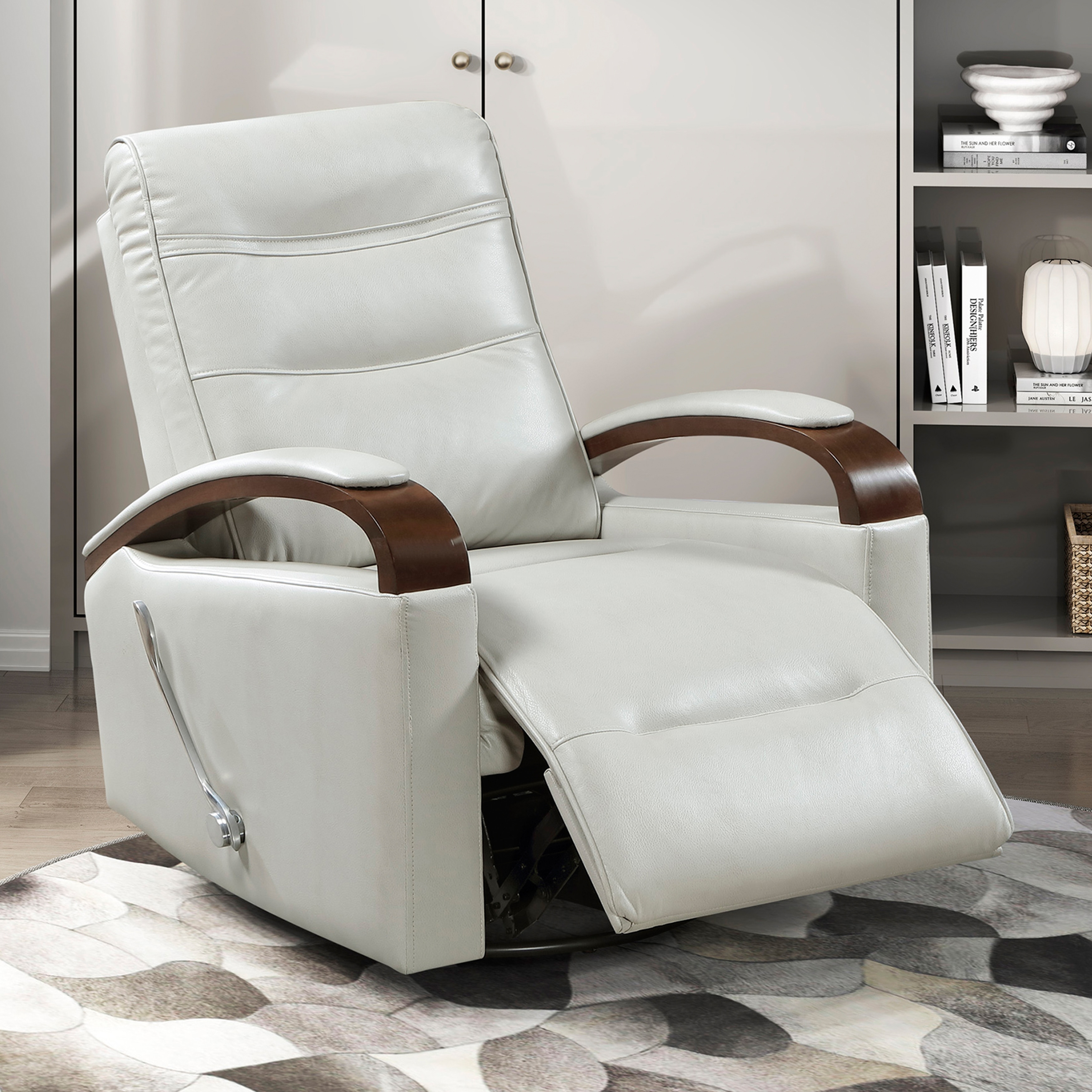 Fremont & Park Meredith 31.5" Faux Leather Swivel Glider Recliner - Rubberwood Arm