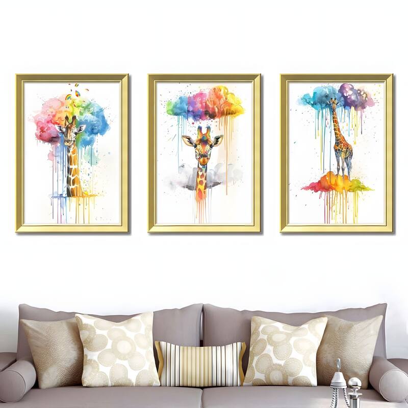 Set of 3 Colorful Giraffe Framed Wall Art - Replaceable Canvas Prints with Solid Wood Picture Frames, Creative Animal - Gold