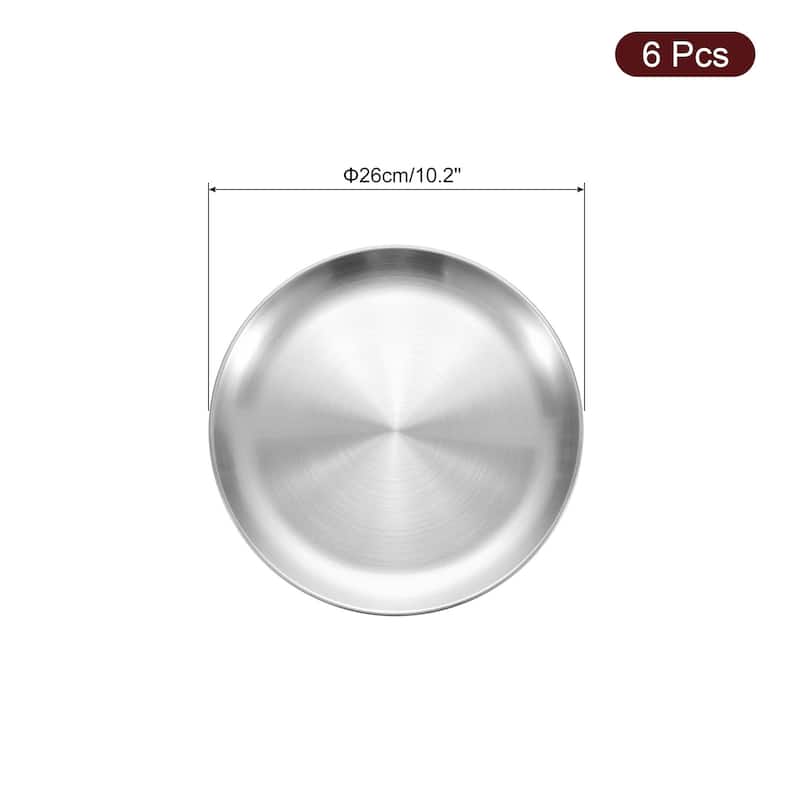 6pcs Stainless Steel Dinner Plate Metal Dish Plate - Silver - 10.2 Inch