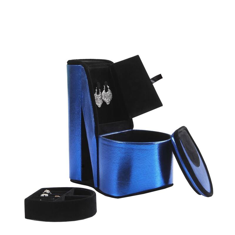 9" Tall Display Jewelry Box with Hidden Storage, High Heel Shoe Design, Blue Velvet - Blue