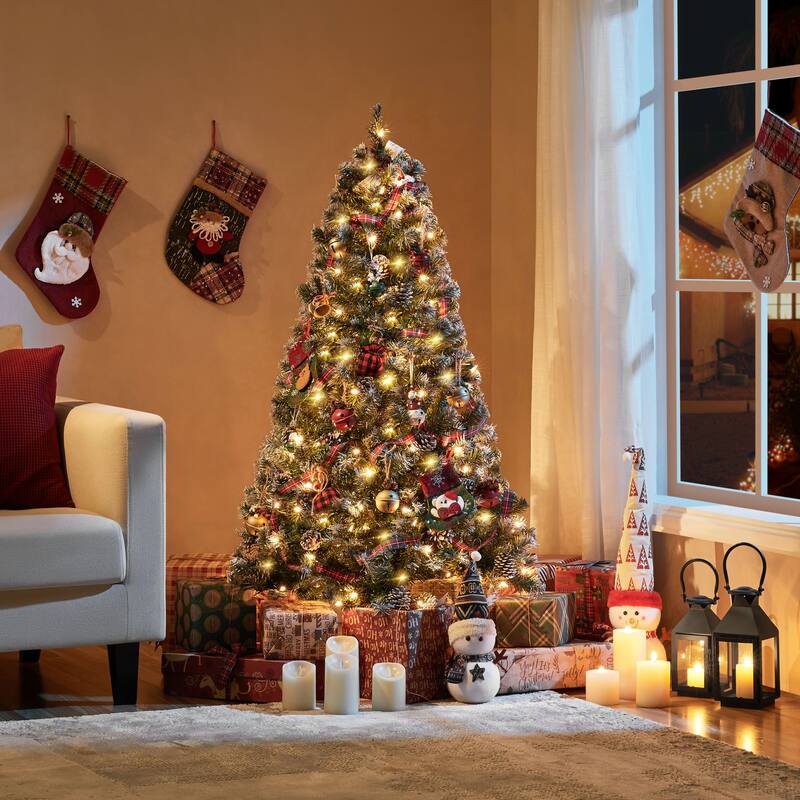 Yaheetech 4.5FT/6FT/7.5FT Pre-lit Frosted Artificial Christmas Tree with Stand Included, Green - 4.5 Foot