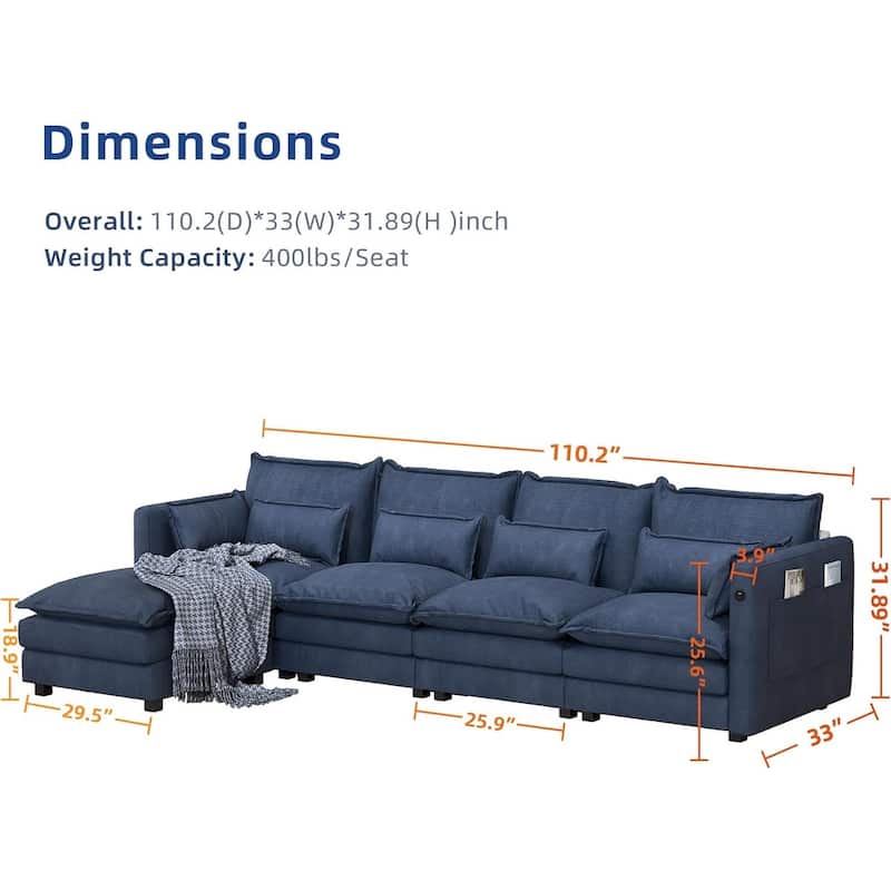 Modular Sectional Sofa L Shaped Couch, 3/4 Seat Sofa Set with Ottoman, Chenille Fabric